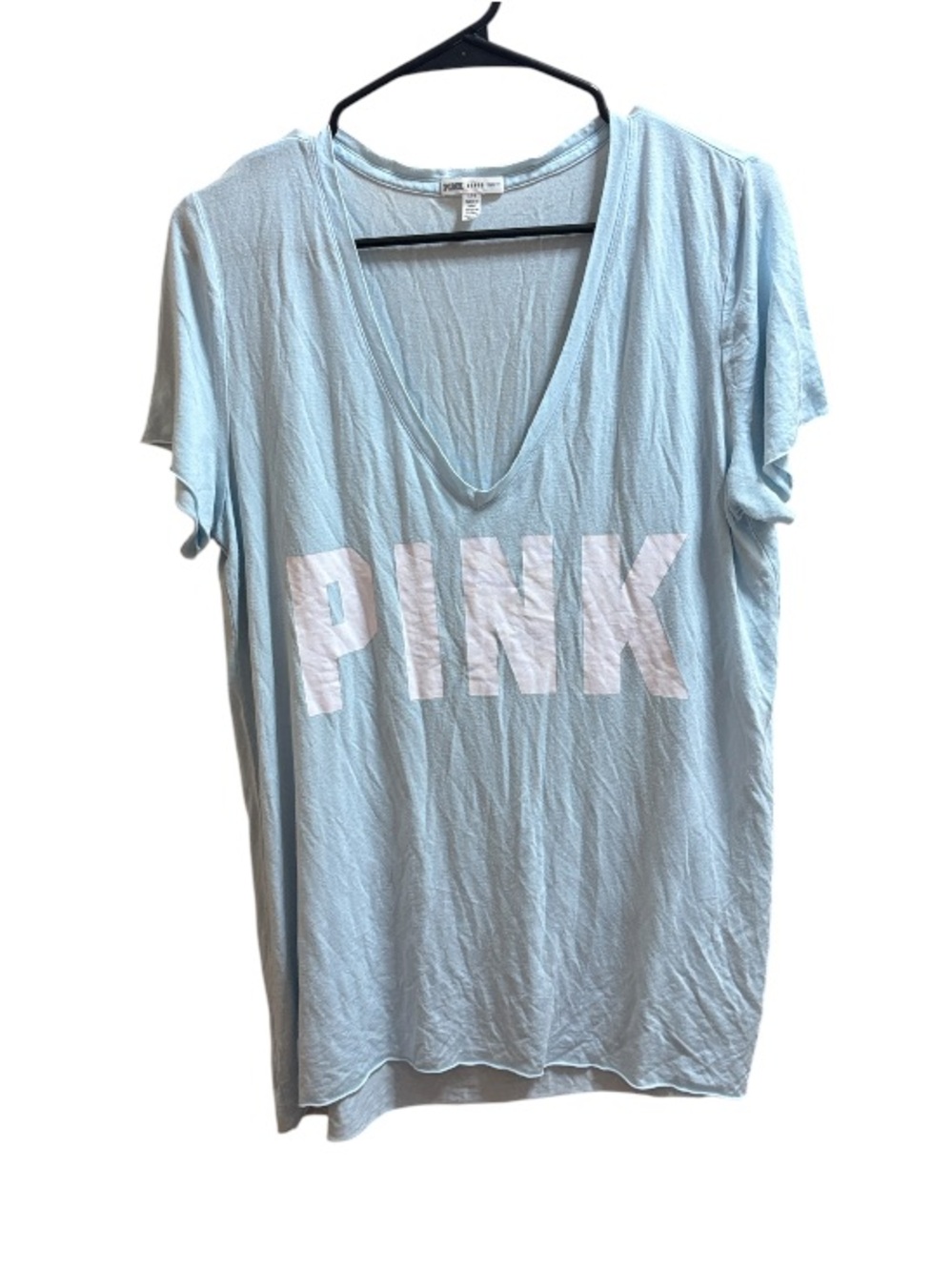 PINK Soft Pale Blue Graphic Logo V Neck Tee